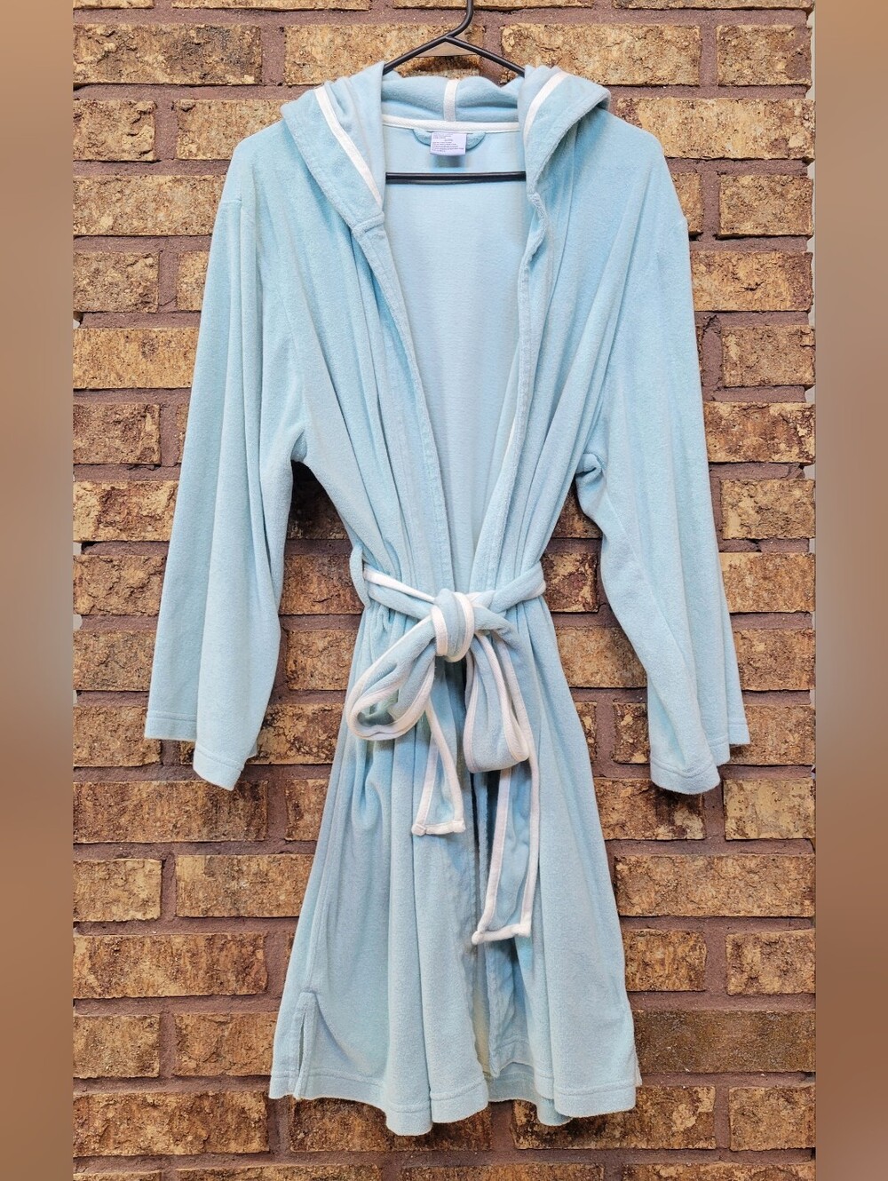 Bath & Body Works Hooded Terry Robe with White Trim Size L/XL Mint/Blue